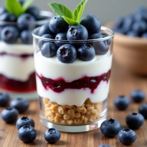 Ensalada de Brócoli, manzana y yogurt parfait arandanos