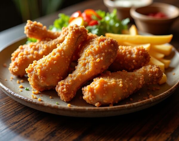 pollo marinado en yogurt griego flux dev crispy fried chicken pieces served on a rustic plate 2